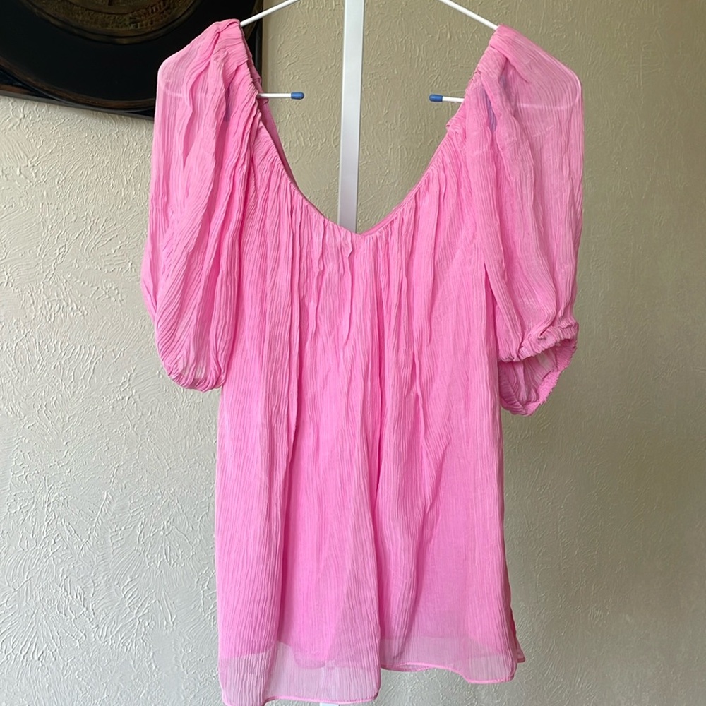 NWT $245 Rebecca Taylor flamingo pink silk blend puff sleeve top